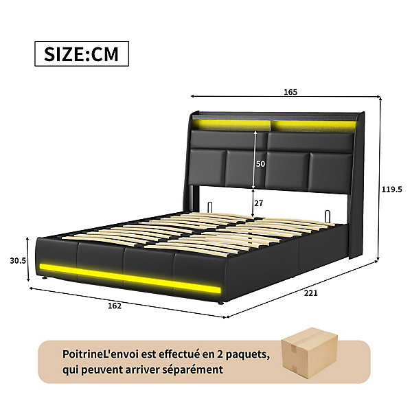 Lit Coffre 160x200 Avec Sommier Et USB, LED, Cadre De Lit Avec Rangement Et Tete De Lit, Noir