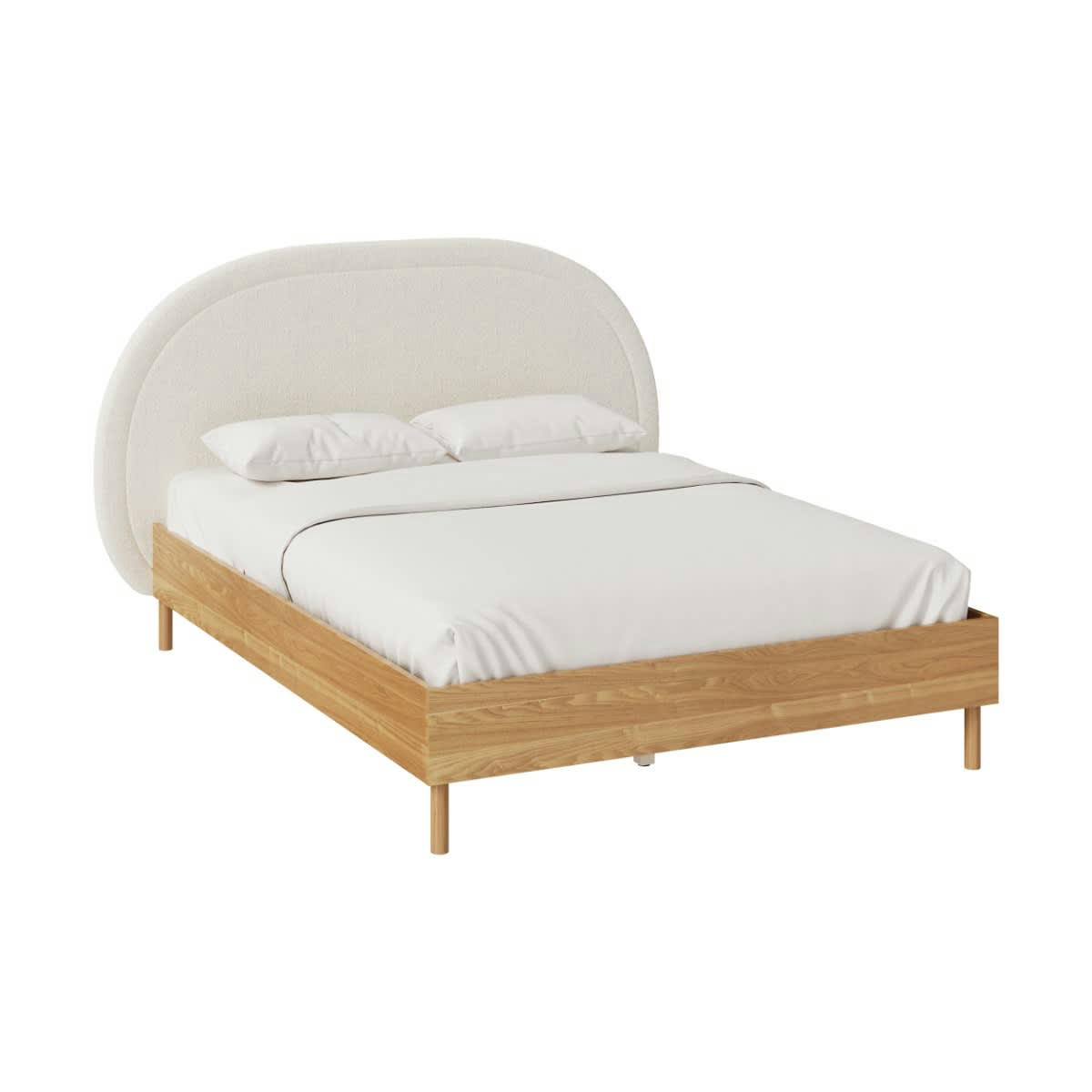 EVA - Lit double 140x190 cm en tissu bouclé beige et pieds en bois d'hévéa