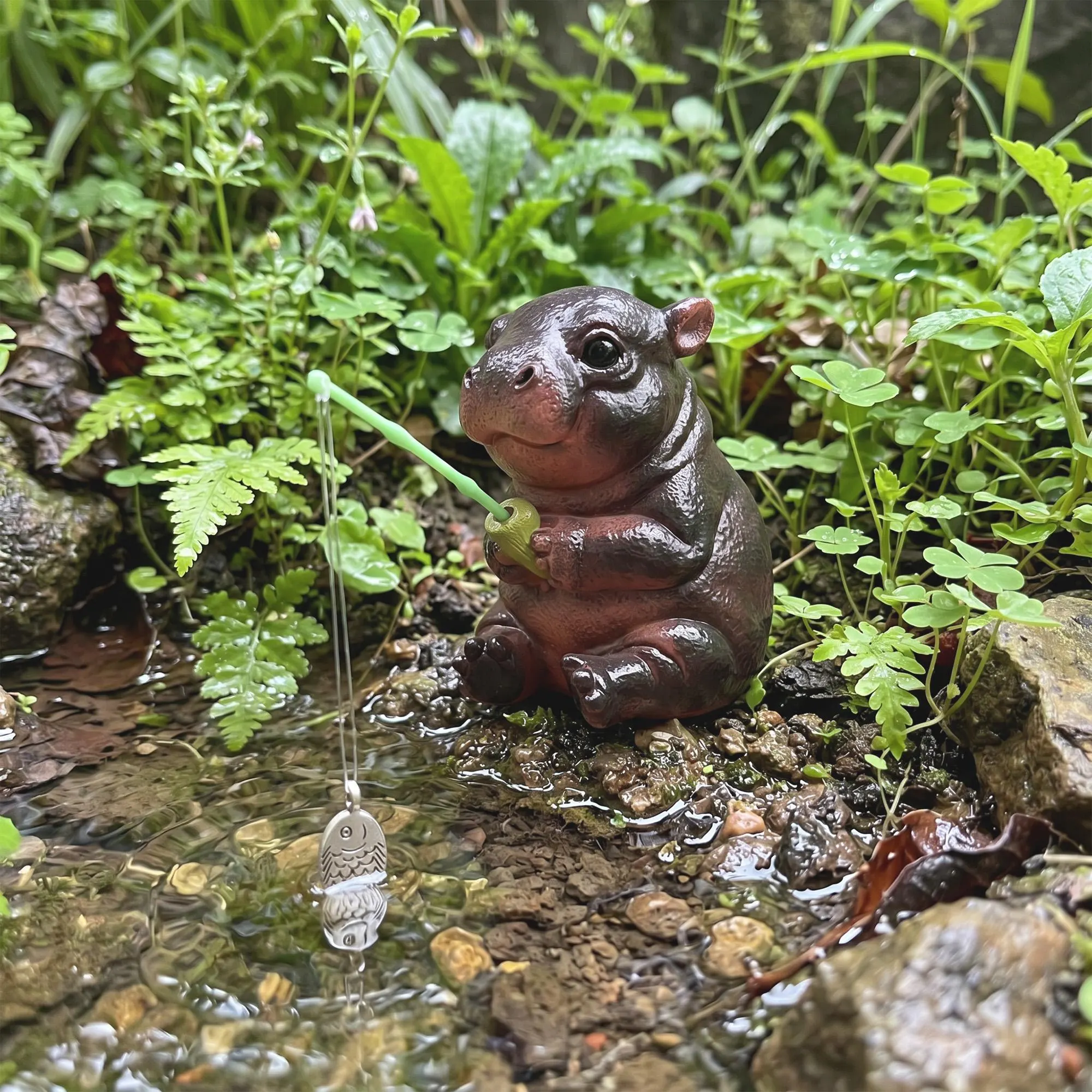 Handmade Fishing Hippo Resin Figurine, Cute Pond Ornament, Succulent Pot Decor, Whimsical Garden Statue Gift for Hippo Lovers