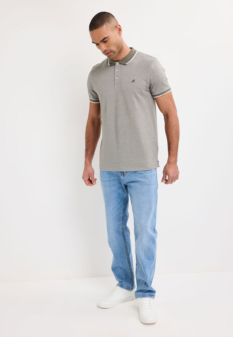 Mens Green Textured Tipped Polo Shirt