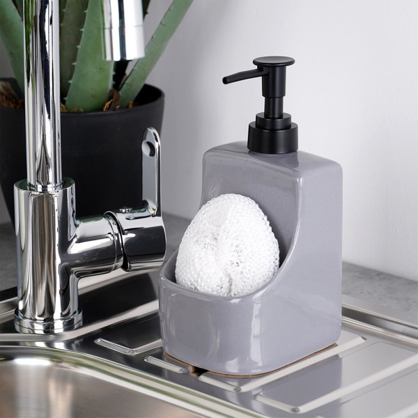 Dozownik płynu do naczyń z gąbką ceramiczny szary 400 ml