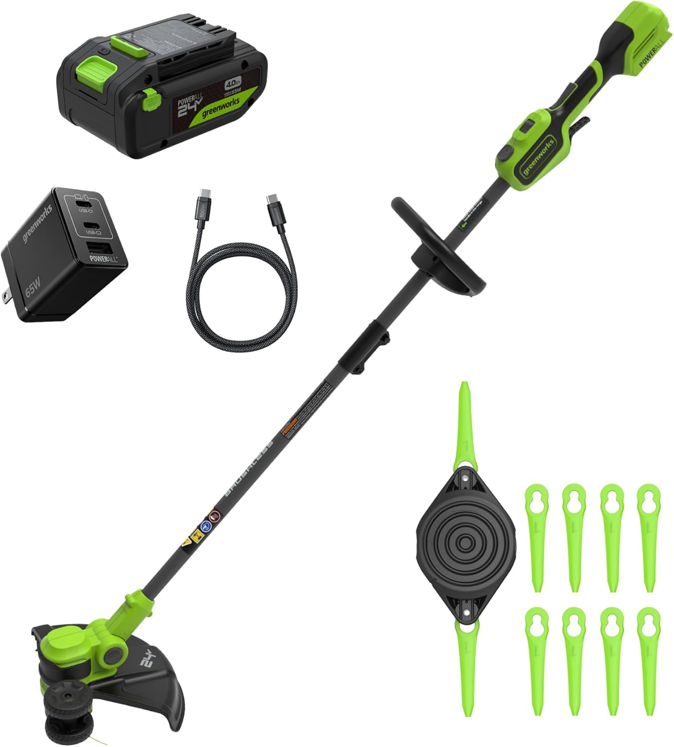 Greenworks 24V 13 Brushless String Trimmer, 2-in-1 Trimmer/Edger with Auto-Feed, 4.0Ah Battery, 65W Type-C Charger, 10 Blades, 3-Year Warranty, Powers 200+ Tools