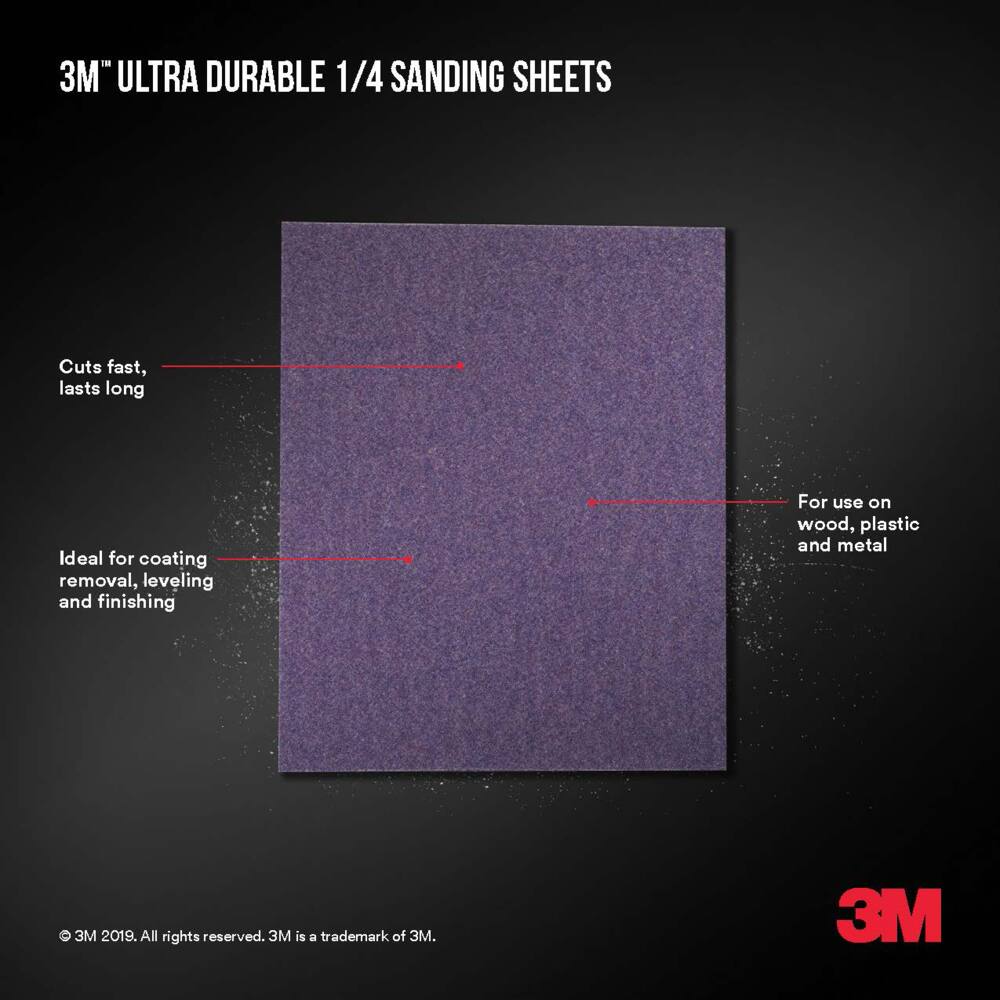 3M 4-1/2 x 5-1/2-in Ultra Durable Aluminum Oxide 1/4 Sheet Sandpaper Sheets for Wood, Metal, Plastic, Masonry, 5-pk