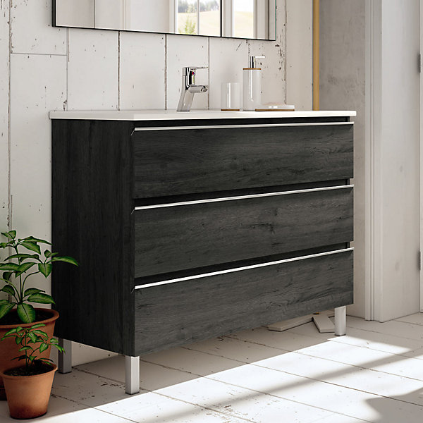 Ensemble meuble de salle de bain 100cm simple vasque   colonne de rangement PALMA - ebony (bois noir)