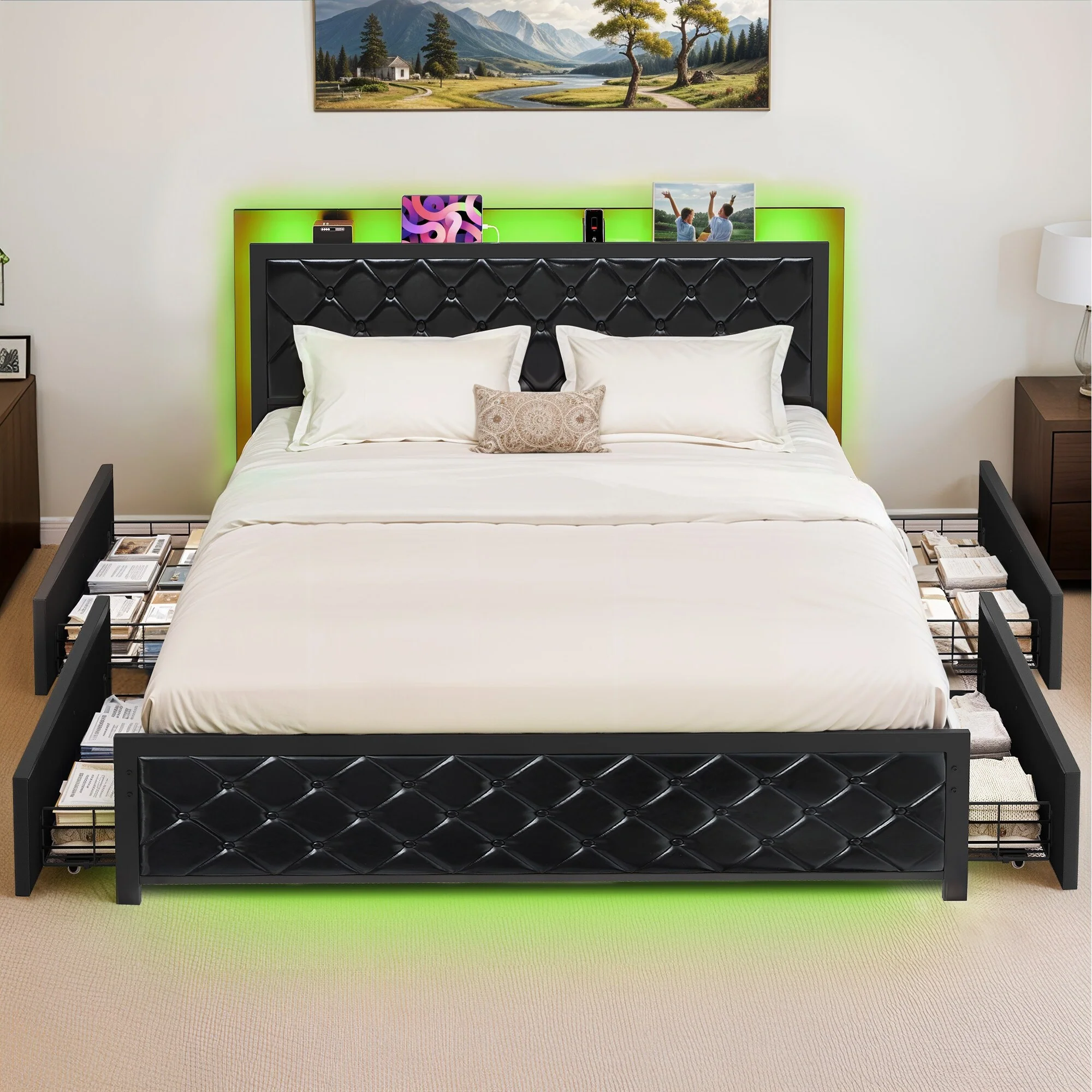 Moasis Queen Size PU Bed Frame LED Upholstered Platform Bed Frame
