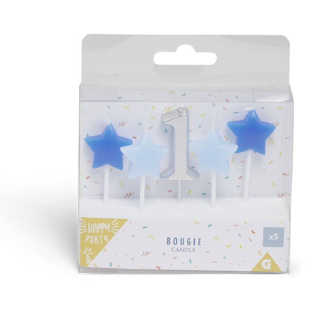 Bougie anniversaire chiffre 1 argenté avec bougies étoiles bleues