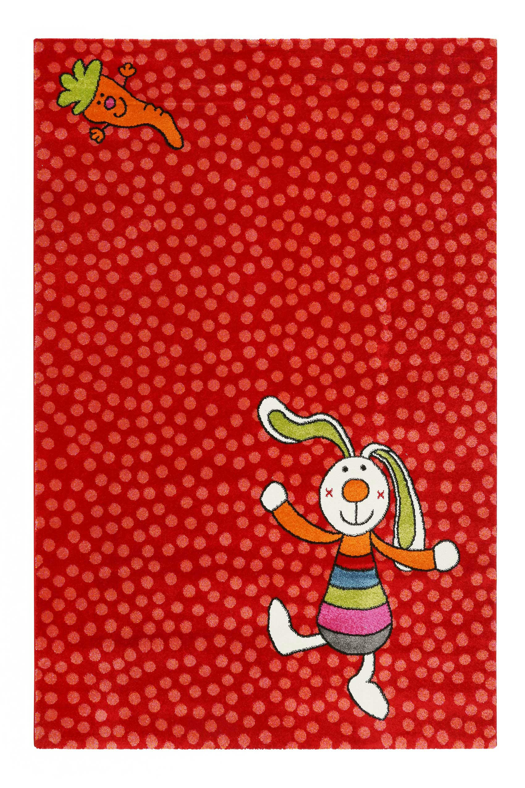 RAINBOW RABBIT - Tapis enfant motif lapin coloré sur fond pois rouge 80x150