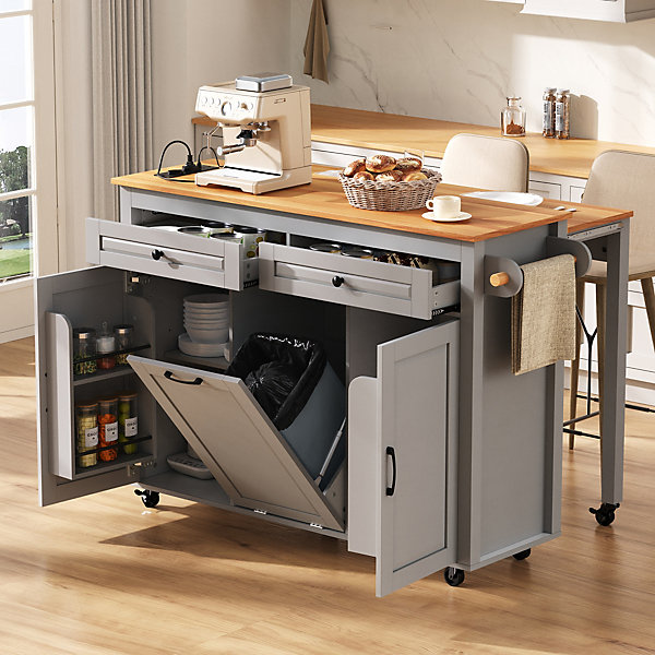 Îlot de Cuisine Extensible sur Roulettes - avec Prises, étagères Réglables et Compartiment Poubelle - MDF Gris - 120x40-75x92 cm