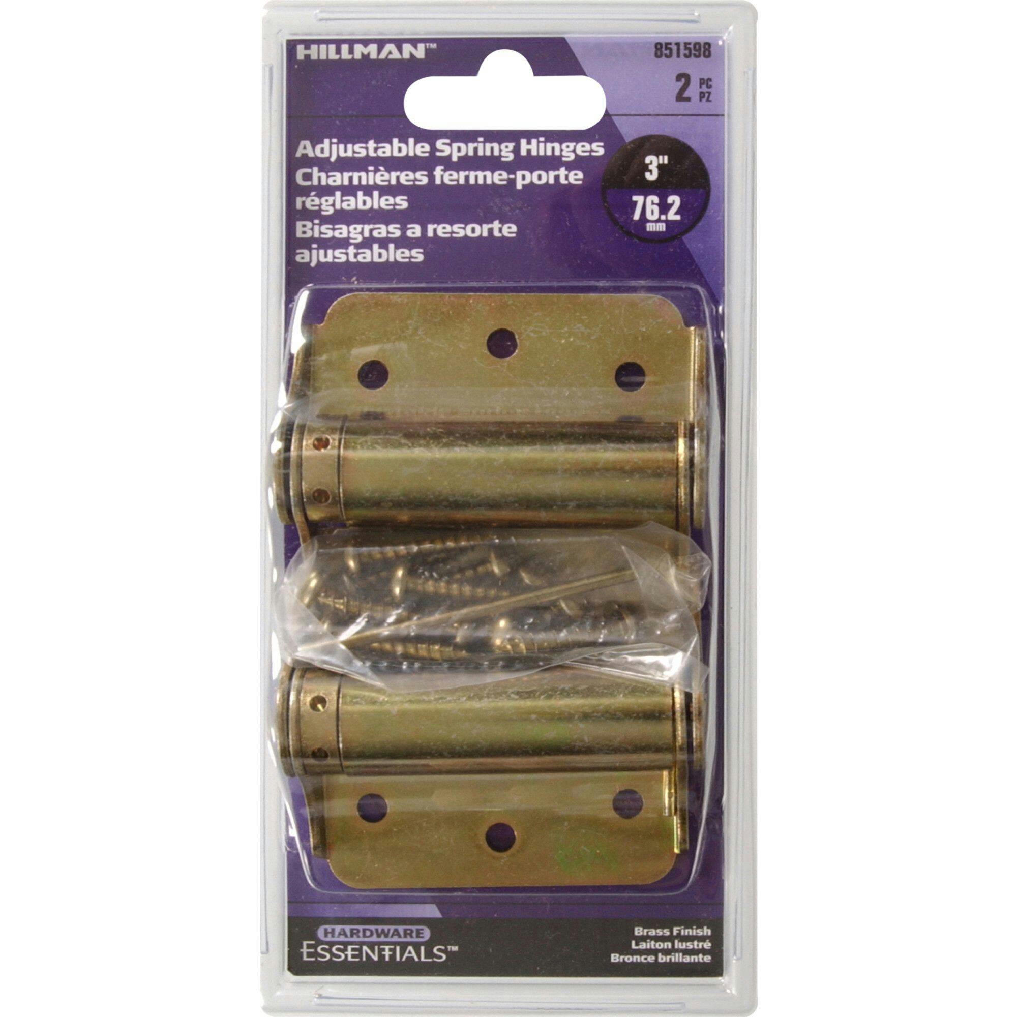 Hillman Self-Closing Spring Hinge, For Surface Mounting, Adjustable Tension, Brass-Plated