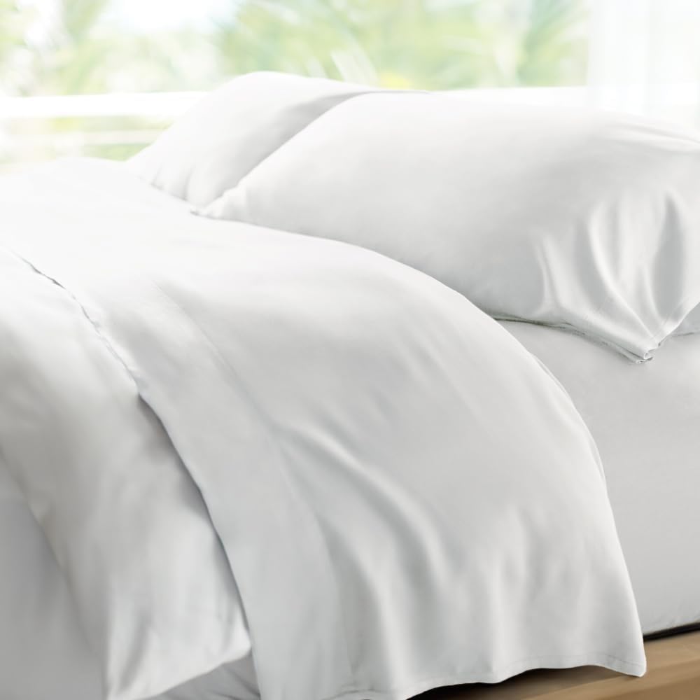 Cariloha Retreat 4-Piece Sateen Sheet Set | White | King | Lyocell Material | Breathable, Corner Straps, Extra Soft & Cooling
