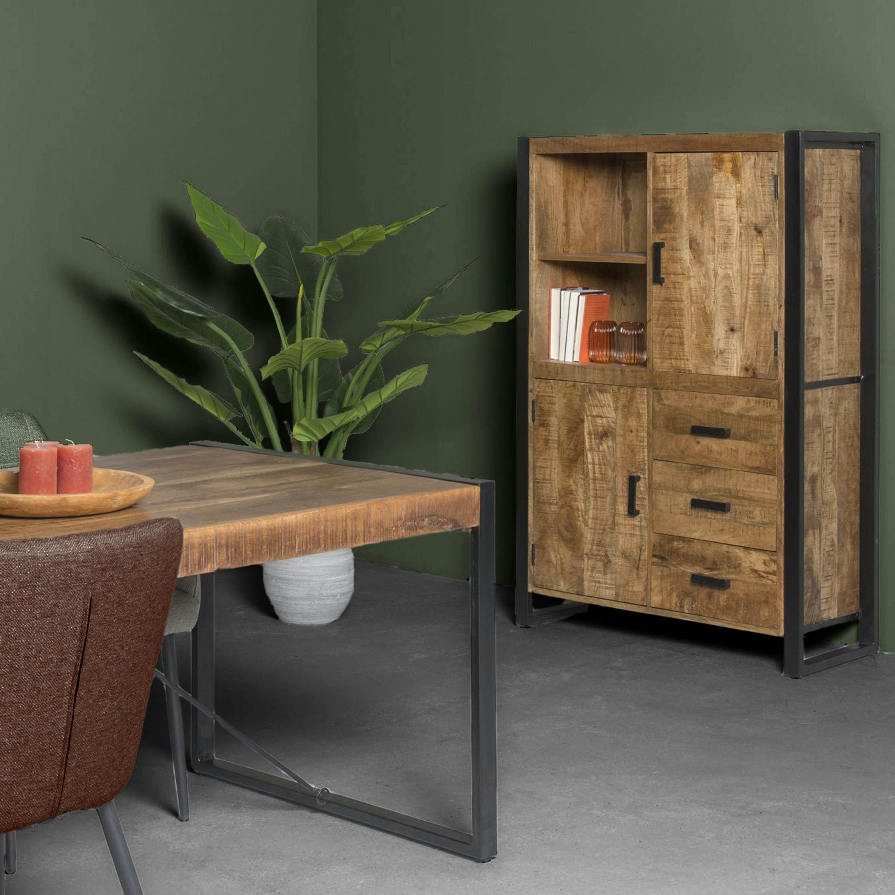 DACCA - DACCA-Buffet haut 2 portes 3 tiroirs, bois de Manguier massif et métal