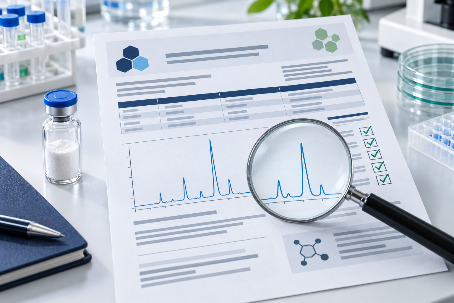 Abstract certificate sheet, blue chromatogram peaks, magnifying glass, and research vial on a bright laboratory desk.