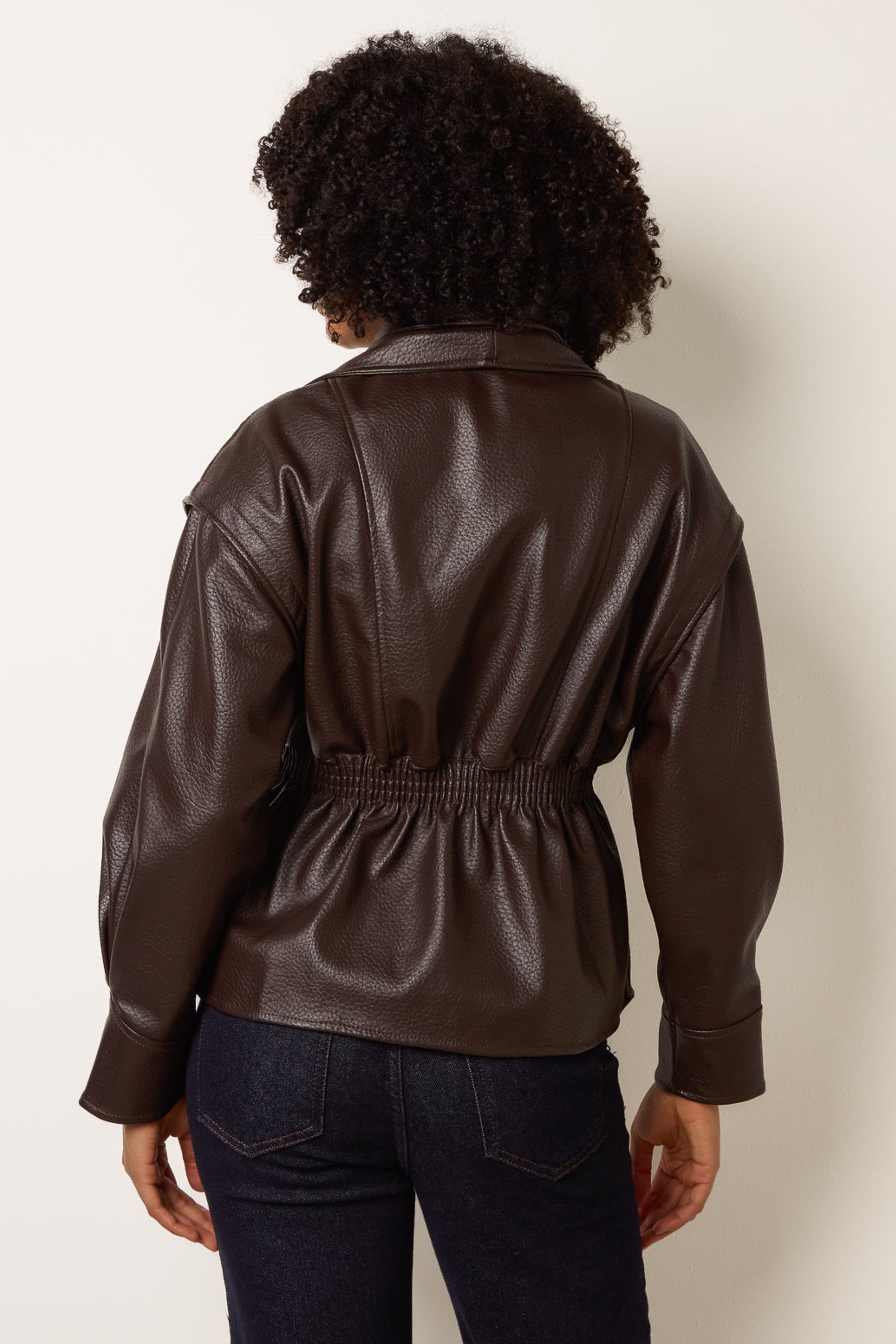 Blue Vanilla Brown Collared Shirred Waist Faux Leather Jacket