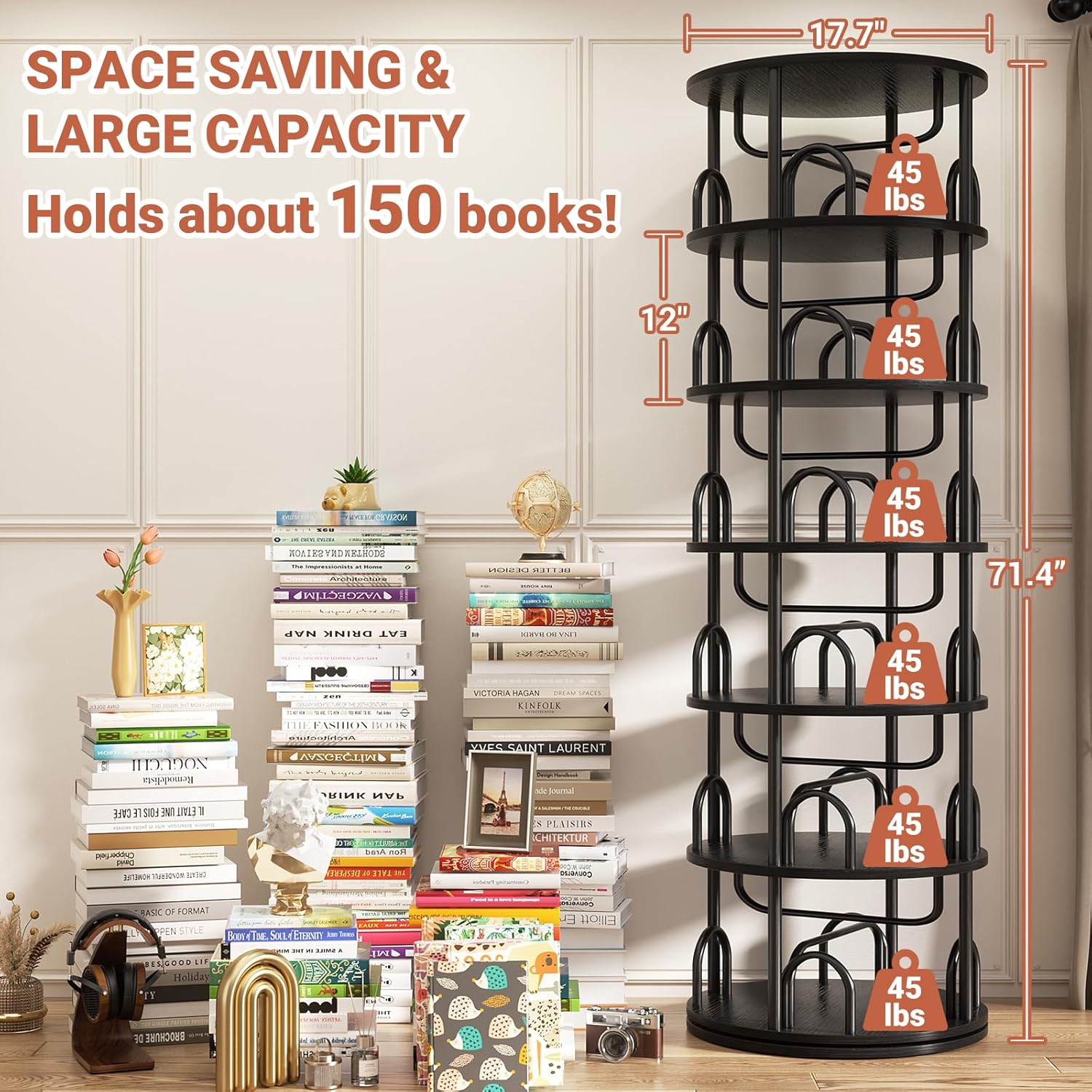 Aheaplus 6 Tier Rotating Bookshelf Tower, Revolving Bookcase, 360° Round Spinning Book Shelf, Narrow Swivel Bookshelves Vertical Rolling Turning Corner Bookshelf Organizer for Small Space, Black
