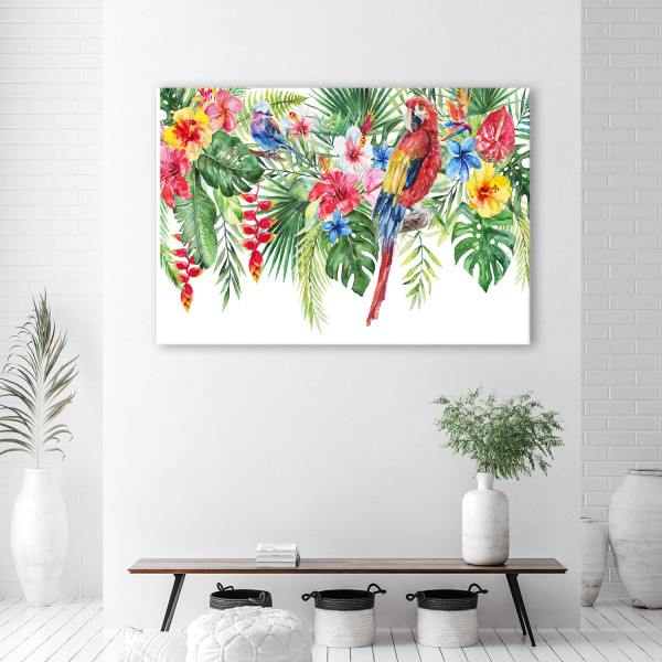 Feeby Obraz na płótnie Liście kwiaty papuga tropikalne 60x40