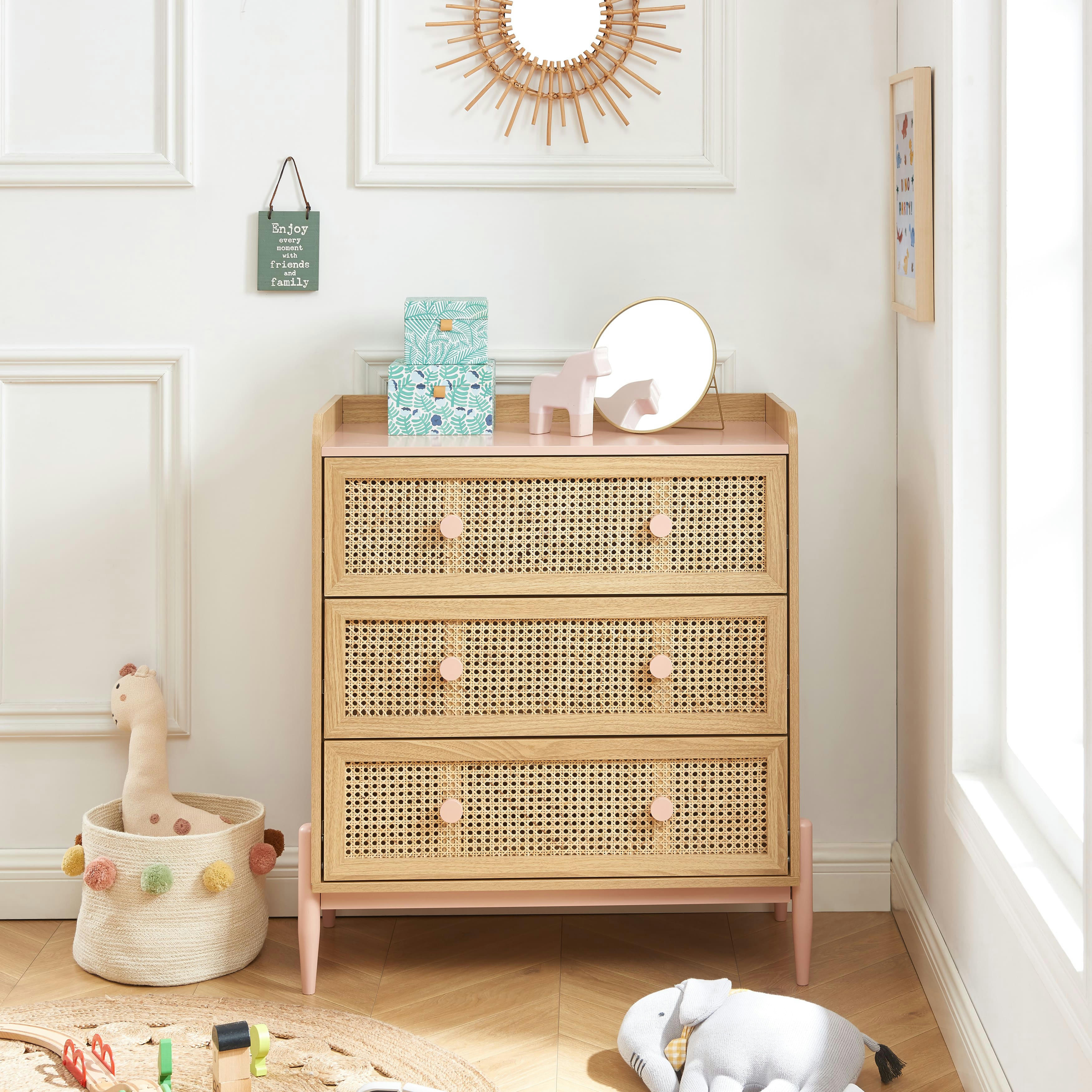 PABLO - Commode  rose et cannage rotin 3 tiroirs