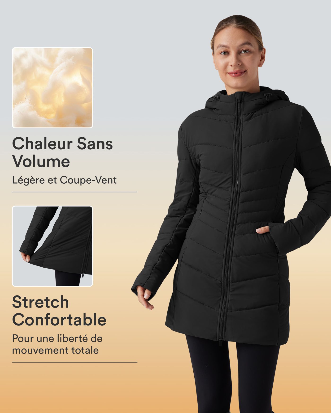 Doudoune longue extensible PuffFlex à capuche avec poches