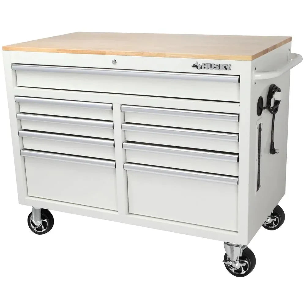 46-in W x 24.5-in D 9-Drawer Mobile Workbench with Hardwood Top and Power Station  Gloss Black