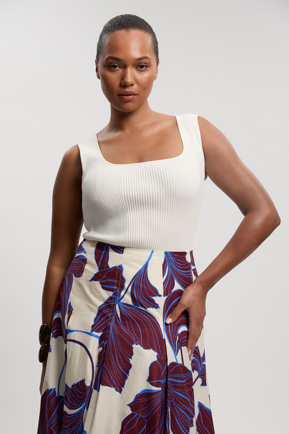 KarenMillen Plus Size Graphic Floral Cotton Sateen Woven Skirt