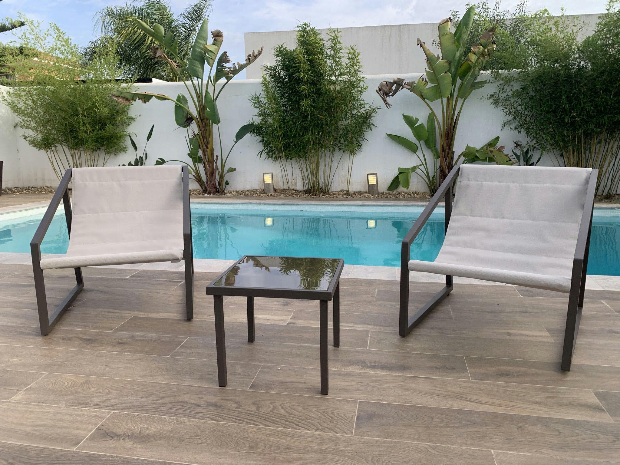 MORELIA - Ensemble bistro de jardin 2 places beige textilène premium