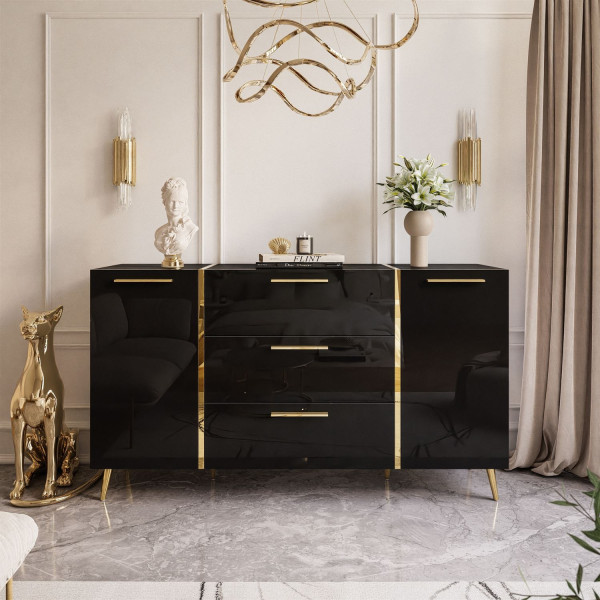 Komoda ONYX czarny połysk złote nóżki 158 cm UCHWYTY