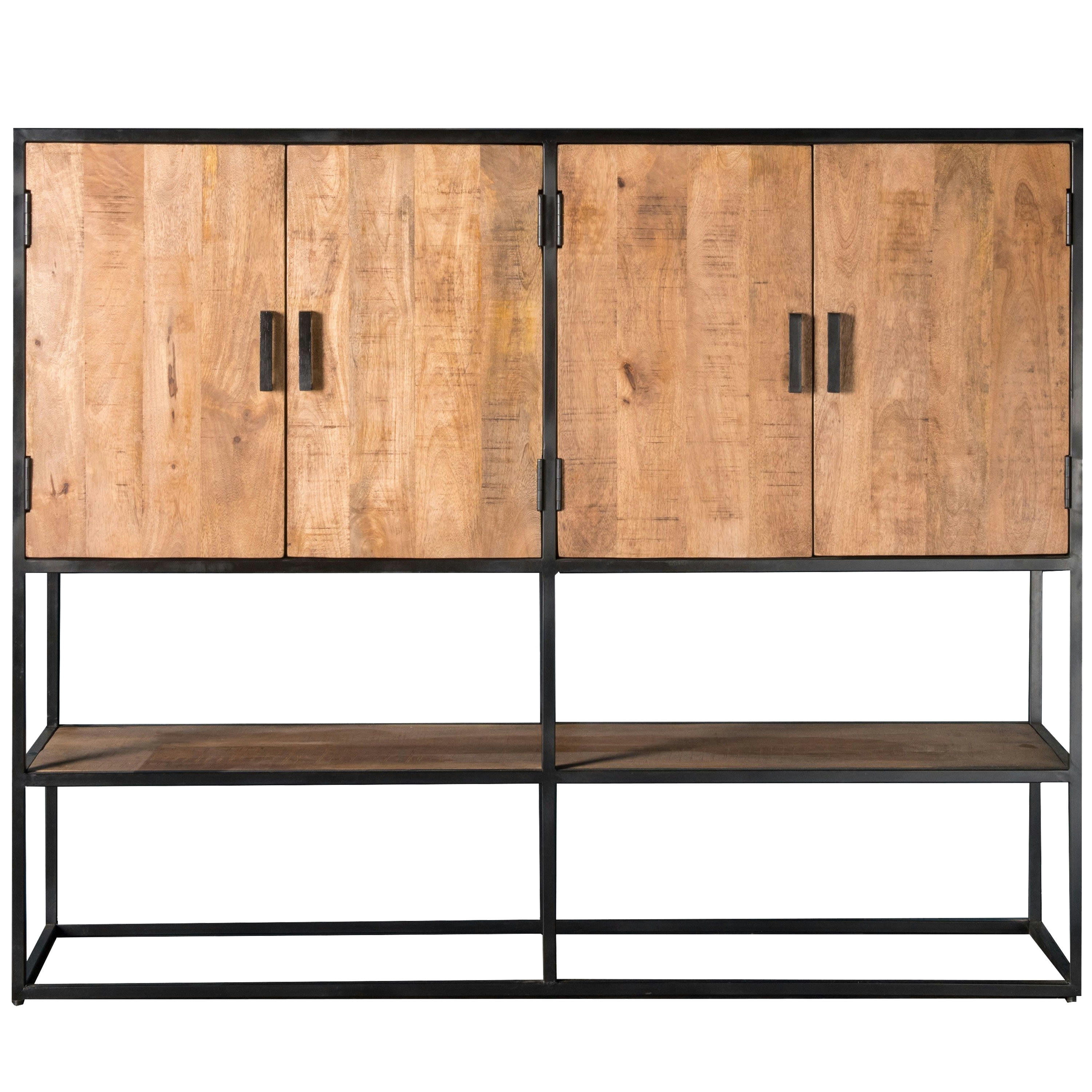 ANGLET - ANGLET-Buffet haut 4 portes L160cm, bois de Manguier massif et métal
