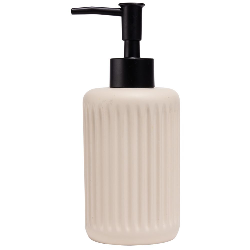 Distributeur de savon plastique rose effet rainuré Ø7,5xH17,5cm