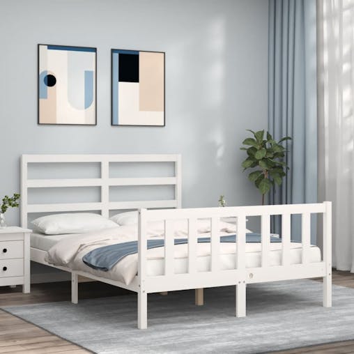 NNEVL Bed Frame with Headboard White 137x187 cm Double Solid Wood