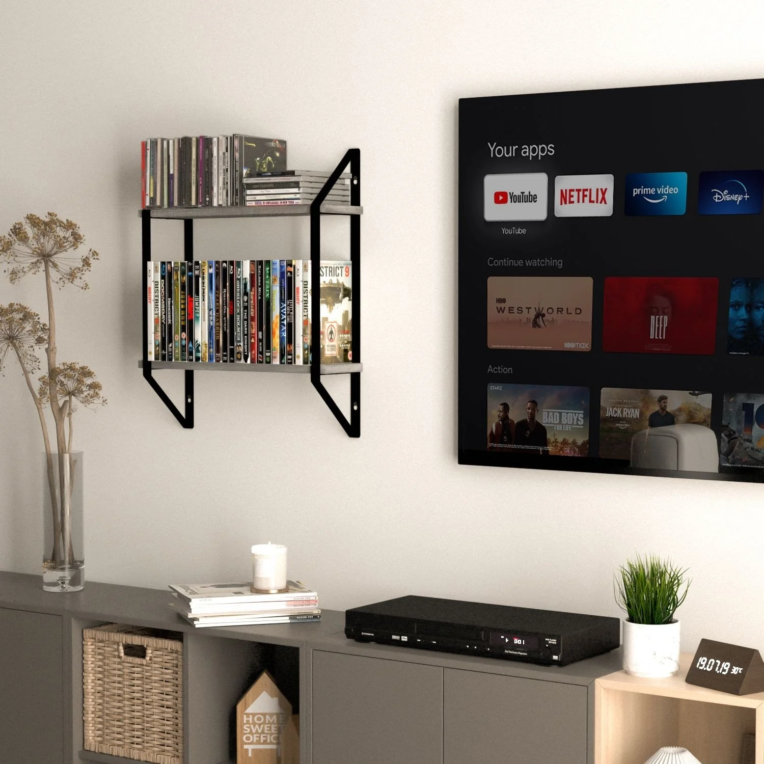 Wallniture Portofino 2-Tier Wood Shelf for CD DVD Storage, Living Room Wall Decor, Gray