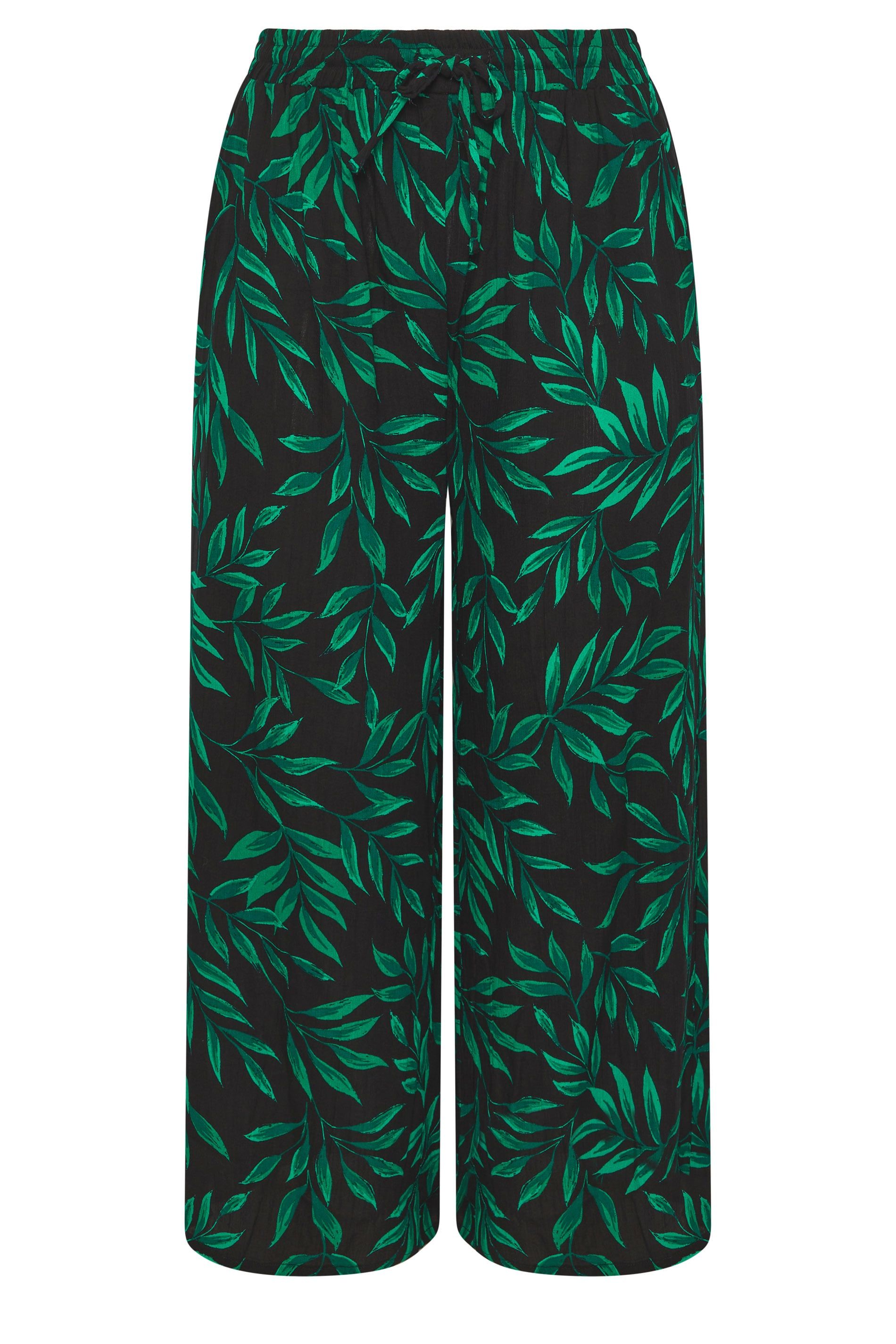 Yours Leaf Print Crinkle Wide Leg Trousers