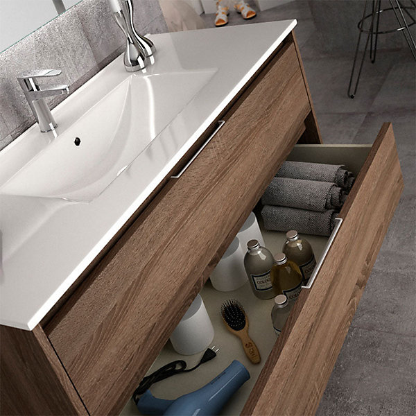 Meuble sous vasque seul, 2 tiroirs, 100cm, simple vasque - britannia (chêne foncé) - IRIS