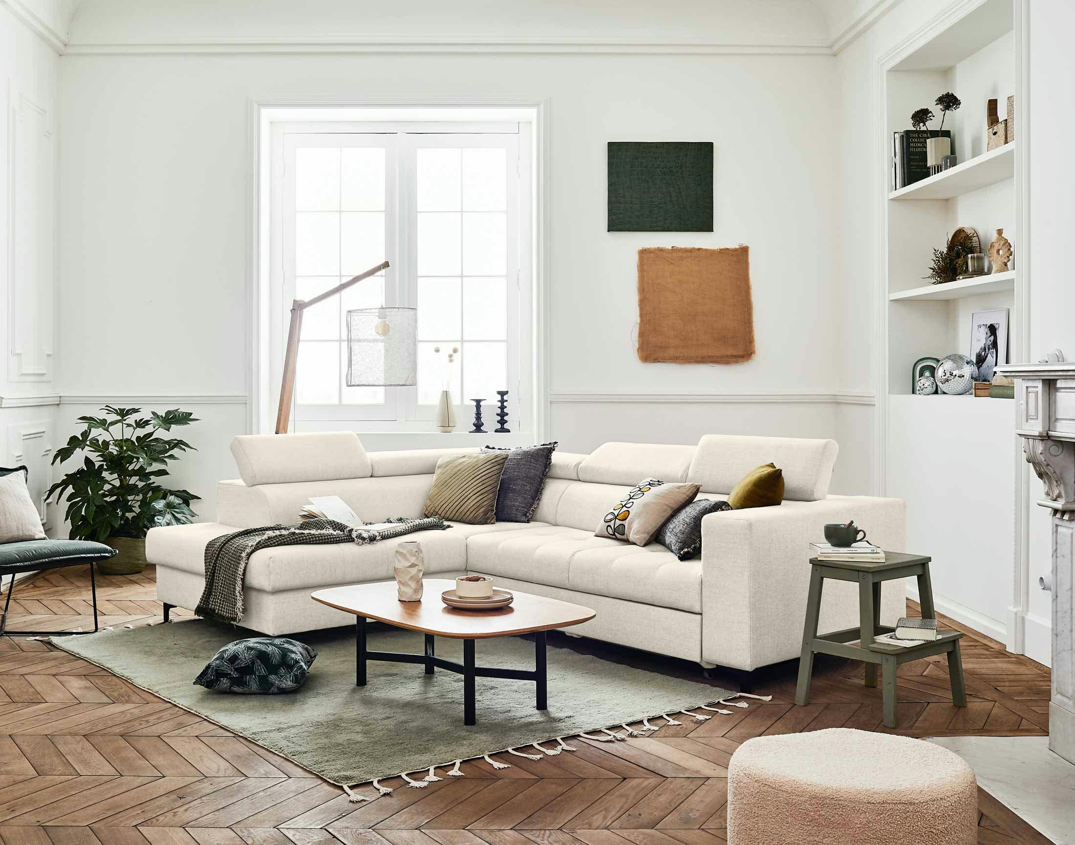 OLINDA - Canapé d'angle gauche convertible 5 places en tissu beige