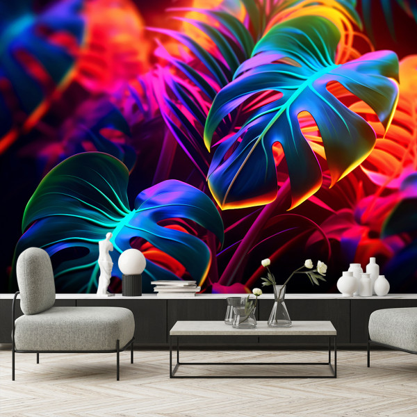 Feeby Fototapeta, Liście monstera w neonowych barwach 150x105