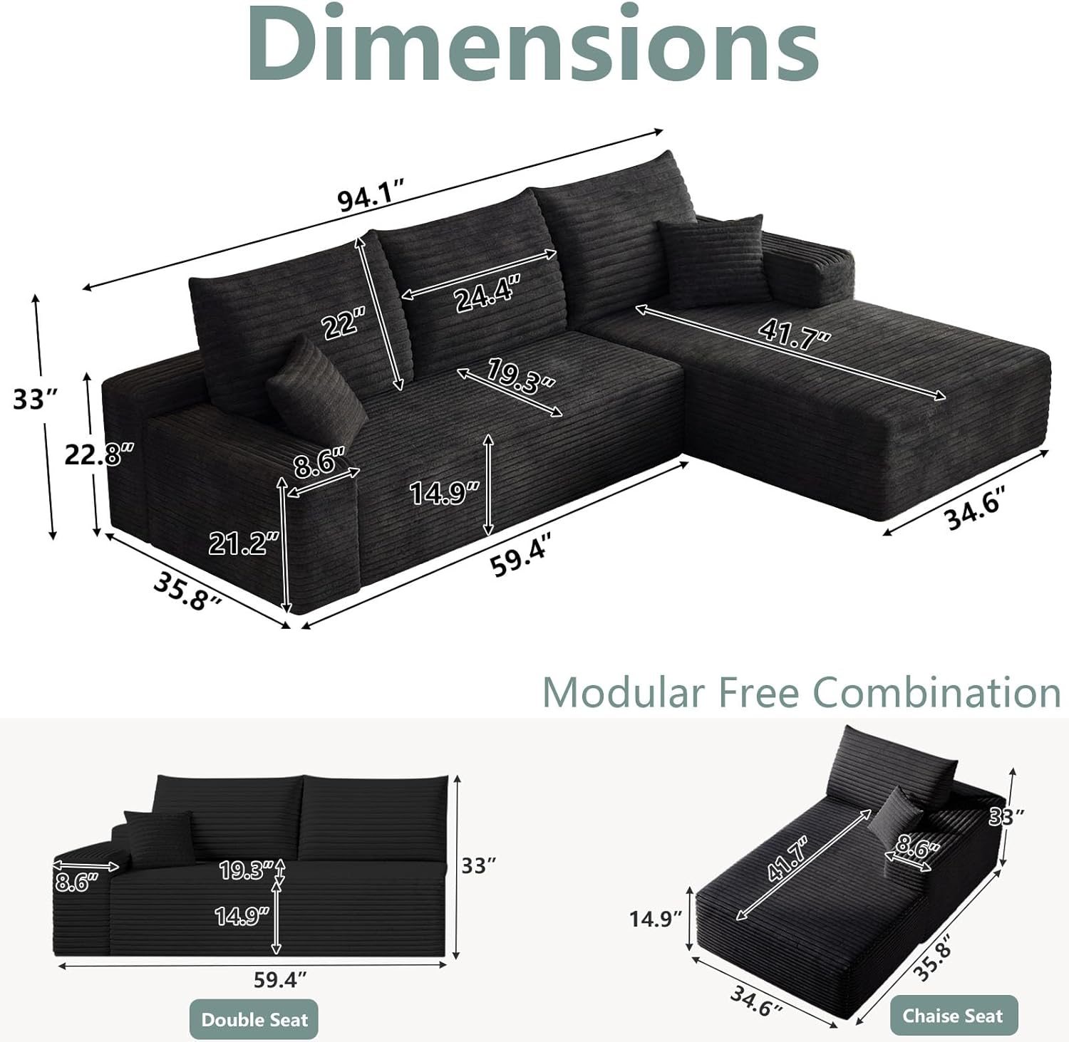 Modular Sectional Sofa Cloud Sectional Couch, 95 Comfy Fluffy L-Shaped Couches for Living Room, Deep Seat Memory Foam Plush Corduroy Boneless Couch Sectionals No Assembly (Black,Right-Facing Chaise)