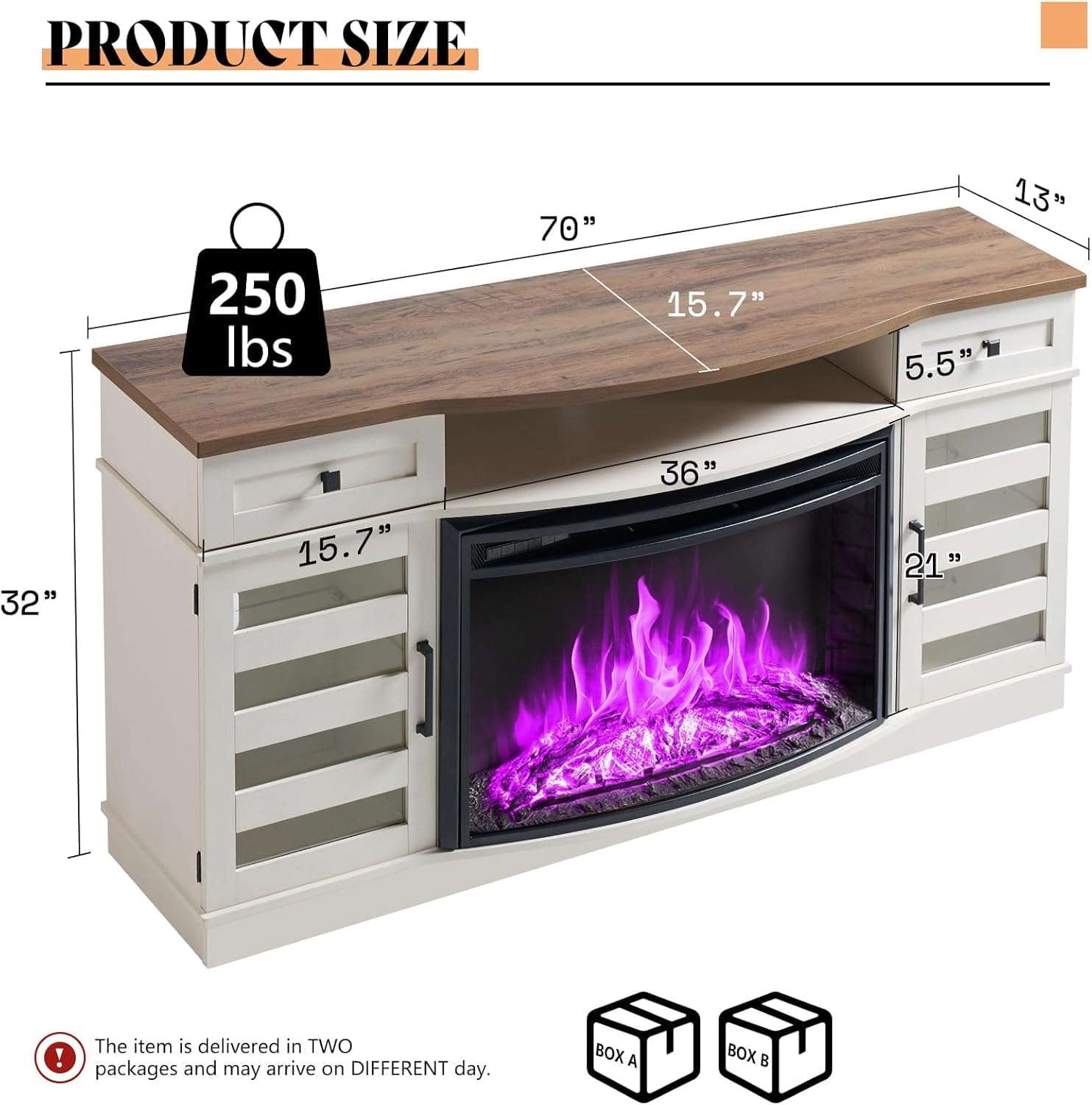 AMERLIFE Farmhouse Living Room Table Set of 4, Include 70 Fireplace TV Stand with 36 Curved Electric Fireplace, Coffee Table & 2 End Tables with Charging Station, White+Barnwood