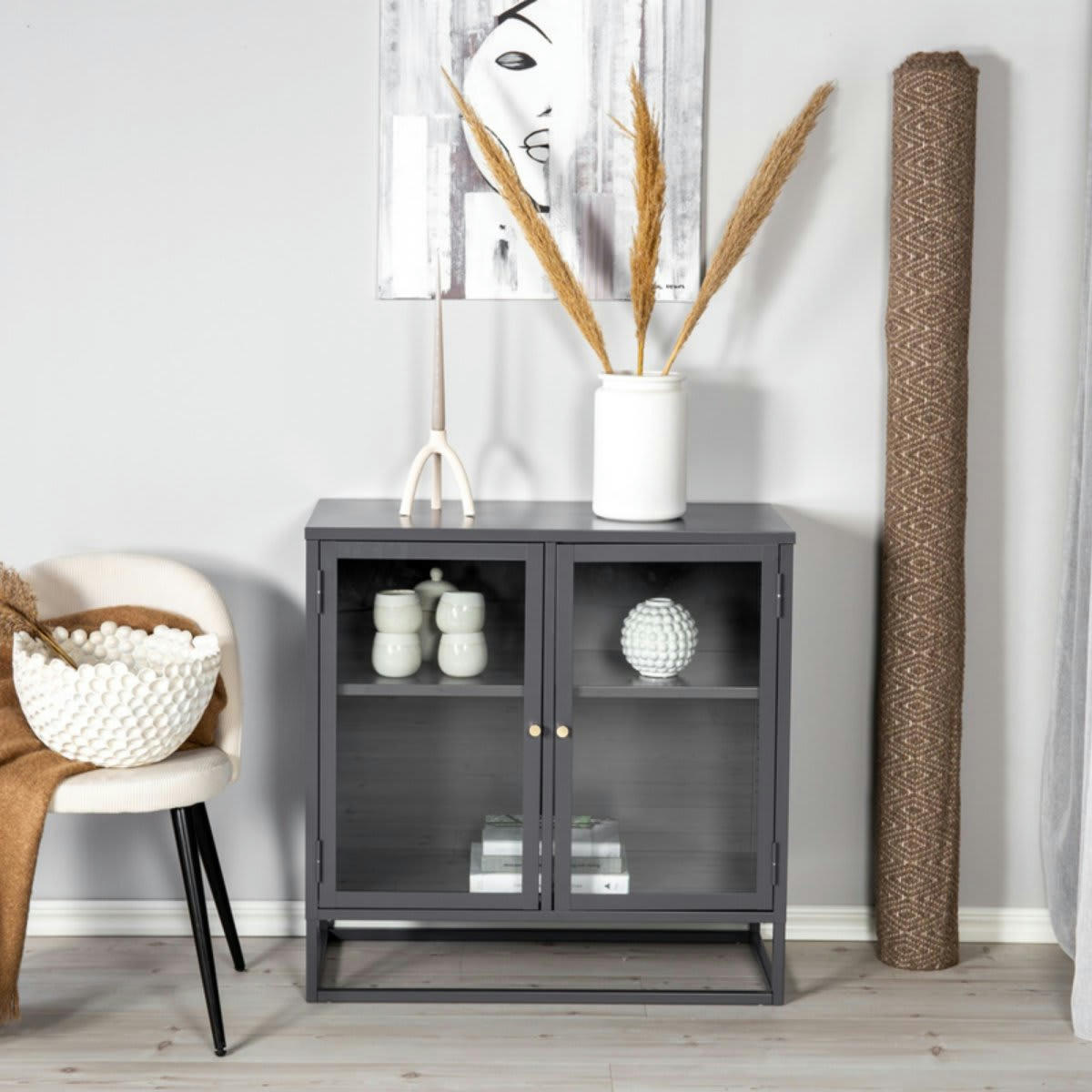 RIRI - Buffet bas avec portes vitrées en métal gris