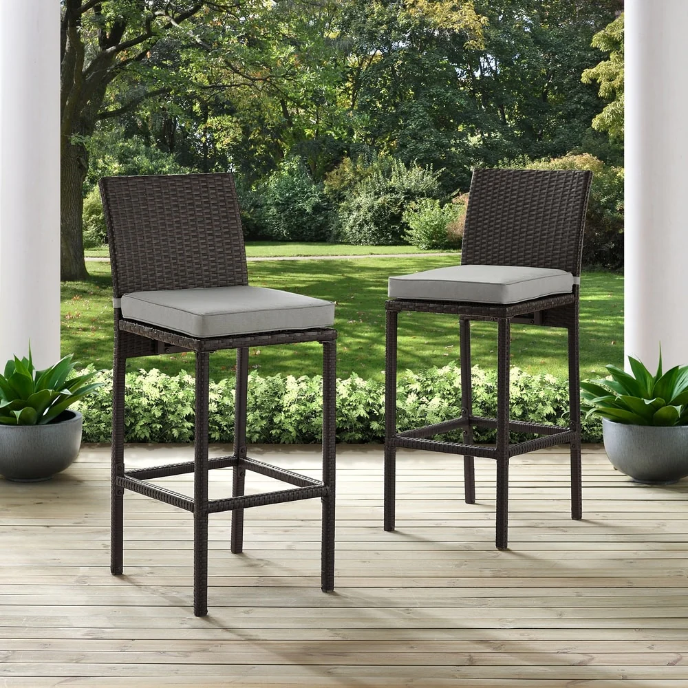 Asilomar Brown Deluxe Wicker Bar Stools with Grey Cushions (Set of 2) by Havenside Home
