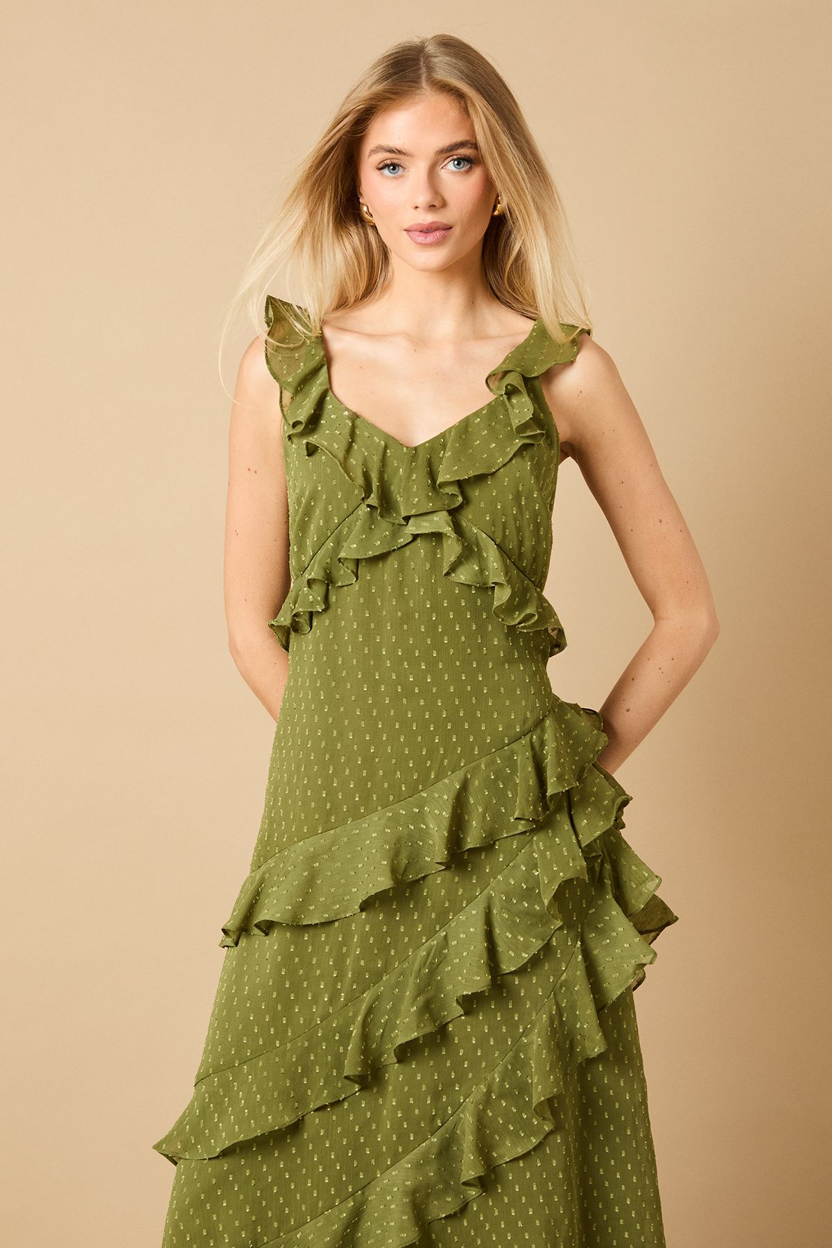 Oasis Dobby Ruffle V Neck Tiered Midi Dress