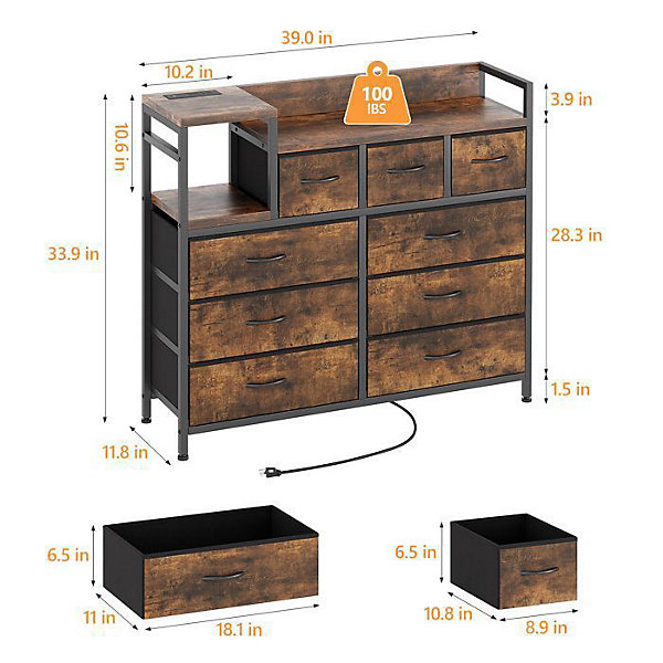 Commode - PROMIRACAL - 9 Tiroirs - Station de Charge Intégrée - Métal et Bois - Marron Rustique