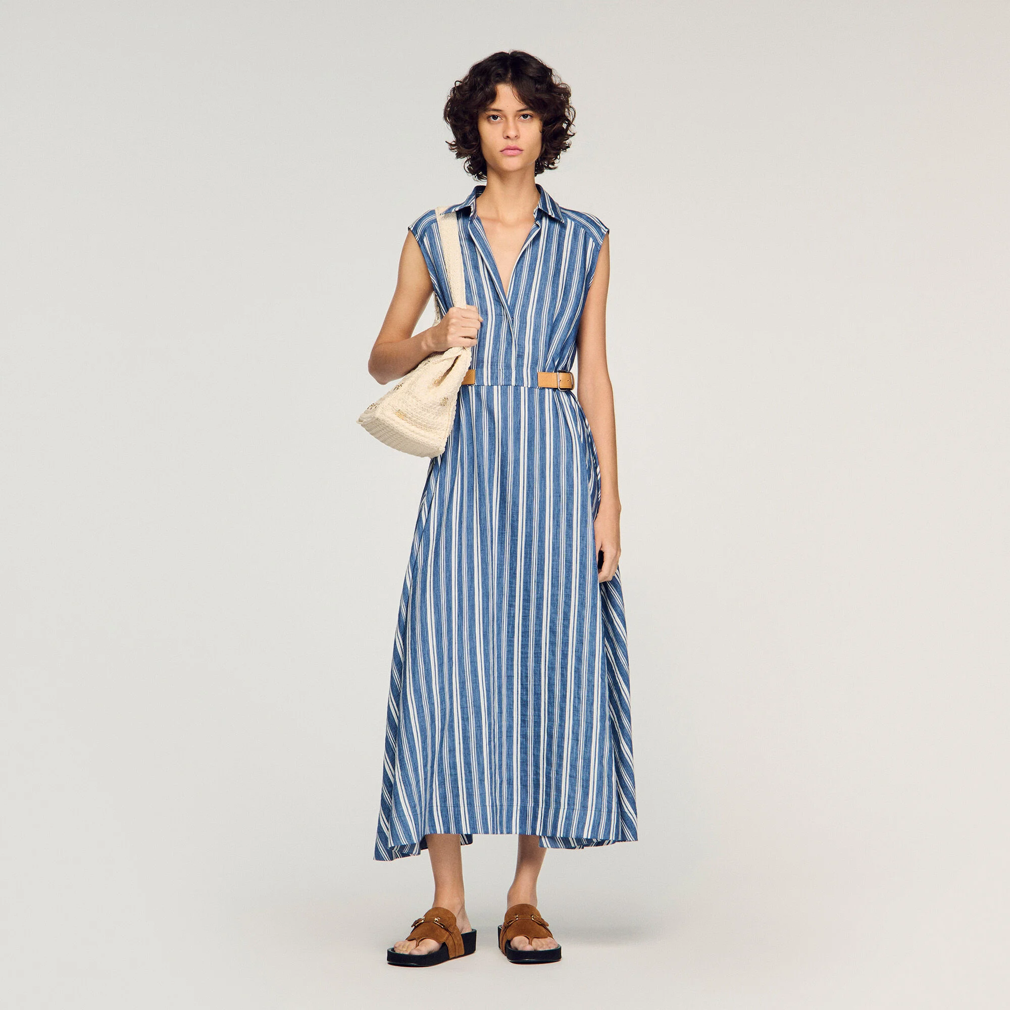 Robe longue à rayures et patte cuir