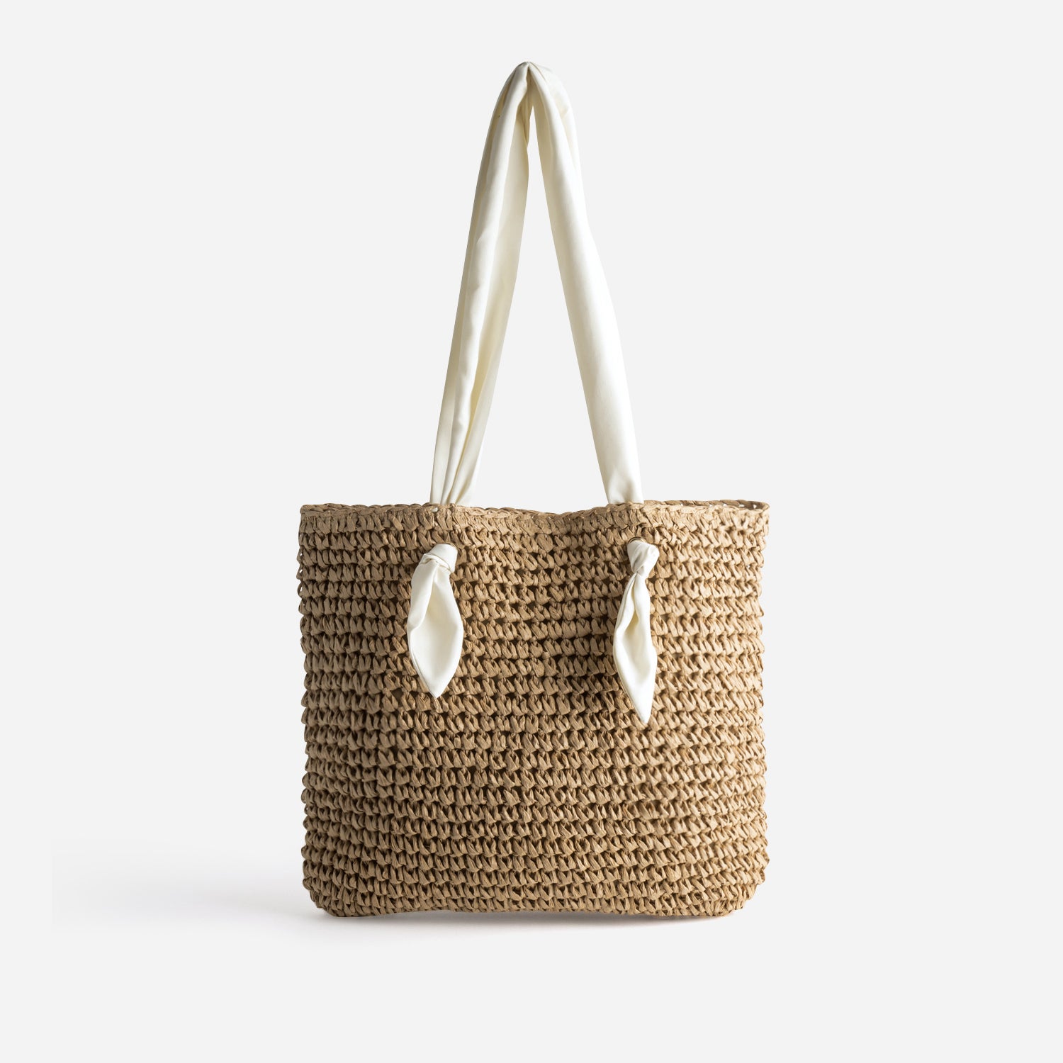 Cabas beige foncé paille papier anses-foulard