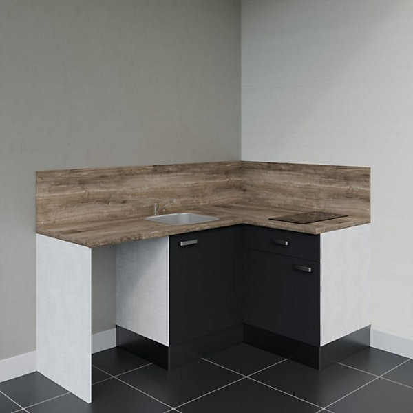 Kitchenette KA01 - 128 cm - Façades : Noir - Plan de travail : Bois - Crédences : Oui - Evier