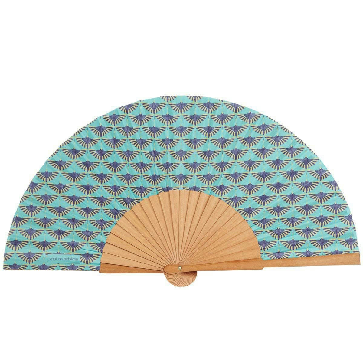 BLESS - Éventail en bois de merisier et coton motif turquoise