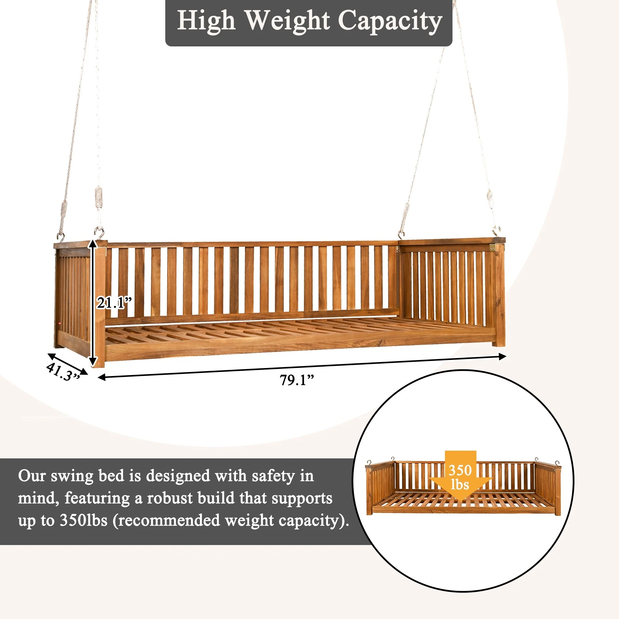 Patio Twin Size Wood Swing with Ropes for Backyard (No Cushion,Pillow)