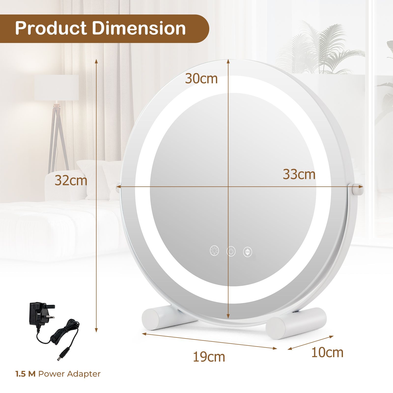 Costway Makeup Vanity Mirror 3 Color Dimmable LED Lighted Round Mirror with Smart Touch