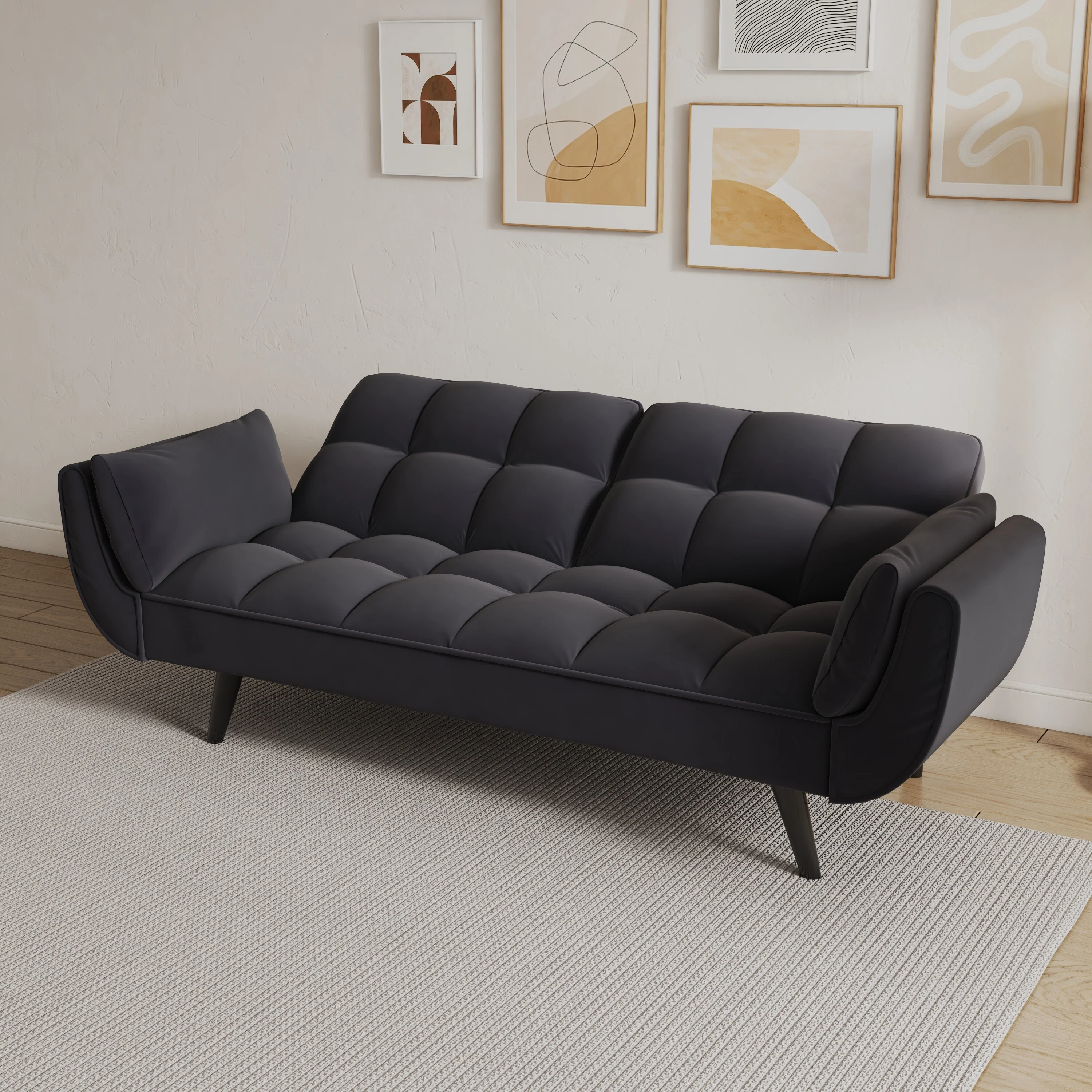 Black 57 Convertible Velvet 2-Seater Sofa with Adjustable Backrest, Armrests, and Plush Cushioning for Small Spaces