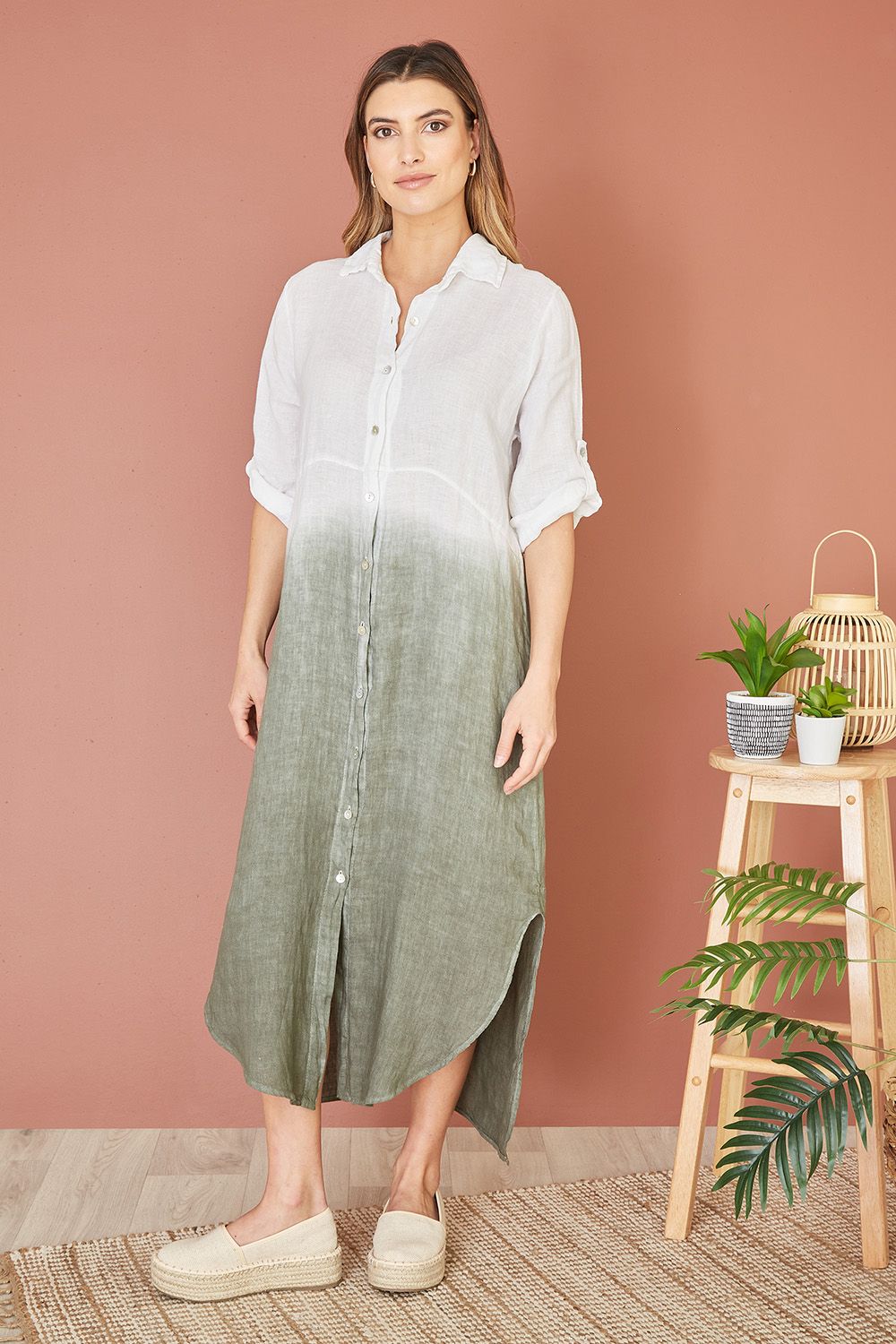 Yumi White Italian Linen Hand Dip Dyed Midi Shirt Dress With Turn Up Sleeves