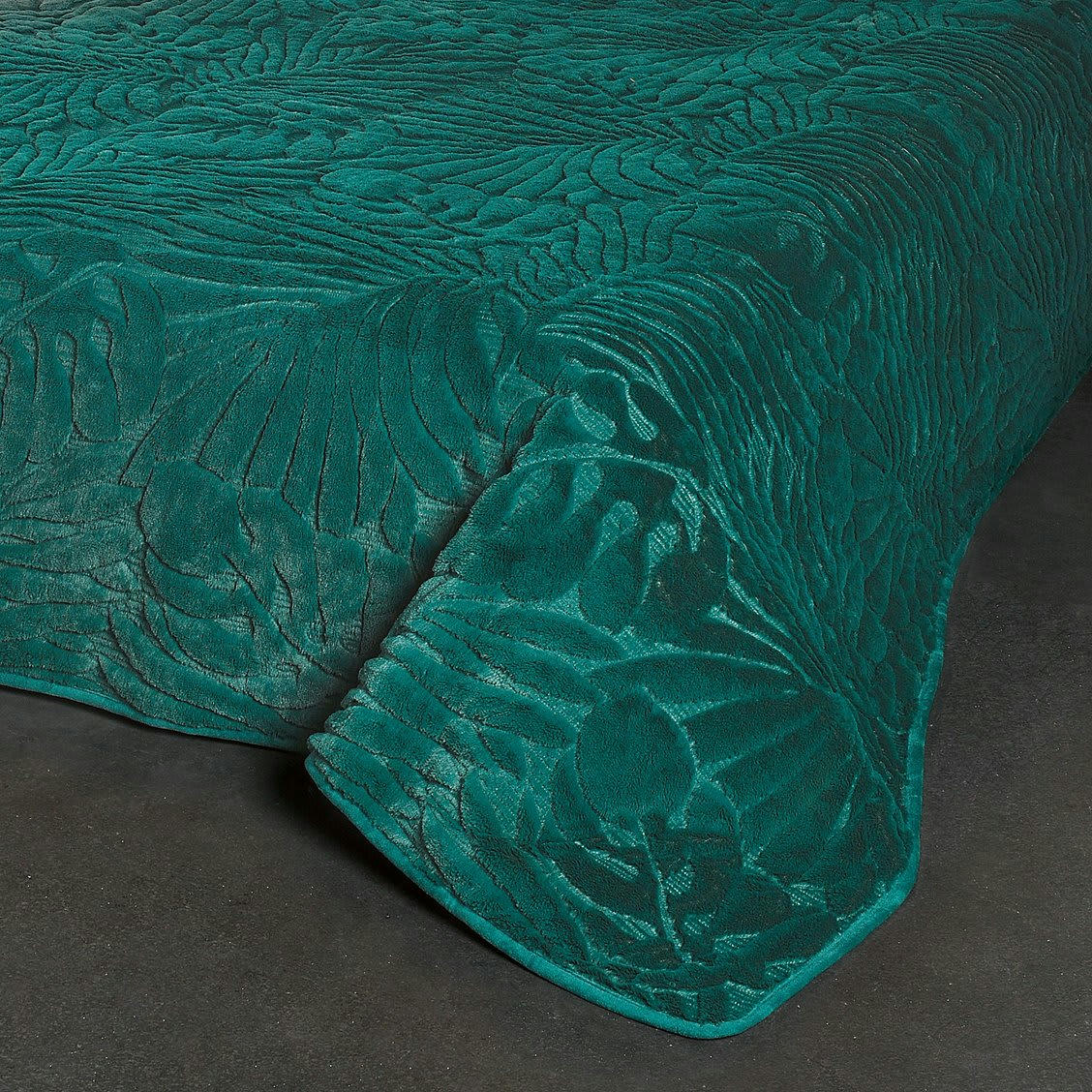 GRAZIA - Dessus de lit feuillages polyester vert emeraude 150x150cm