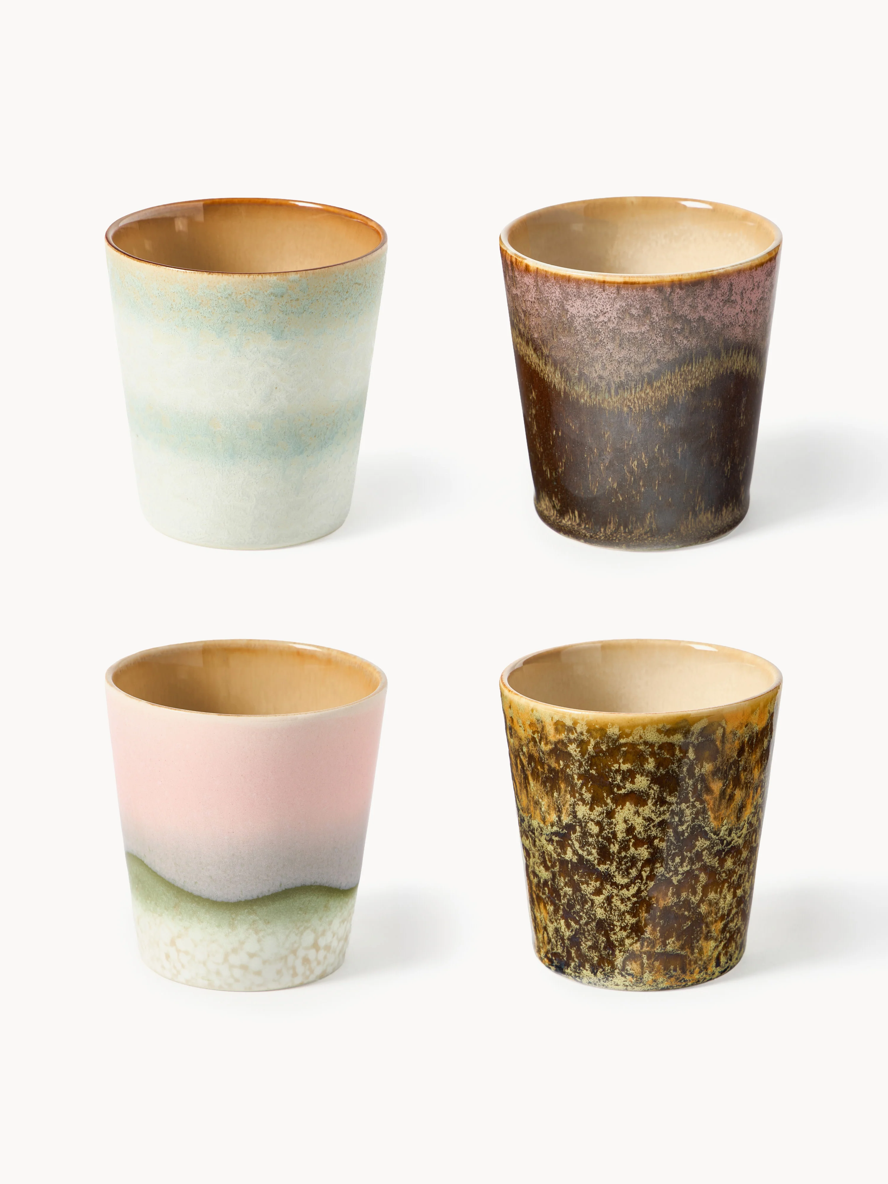 Handgefertigte Becher 70's mit reaktiver Glasur, 4er-Set