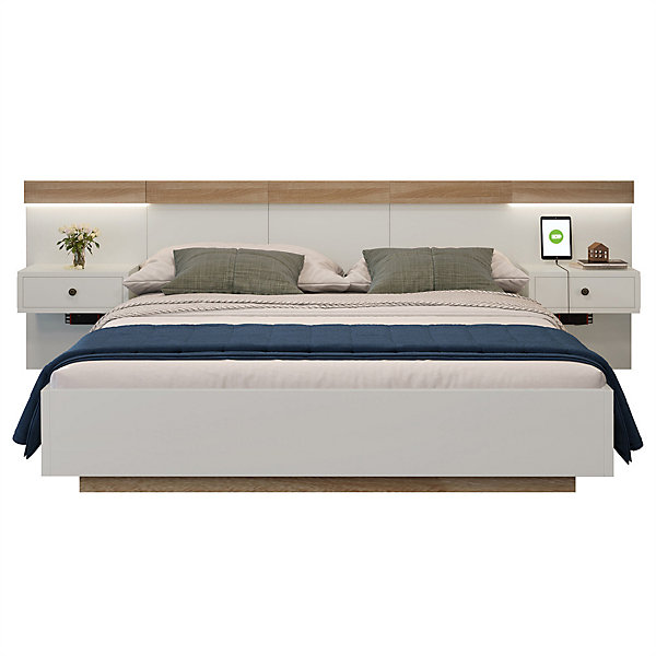Lit adulte 180x200 cm, lit double avec chevets suspendus, led et prise usb typ c, cadre en bois, chêne   blanc (sans matelas)